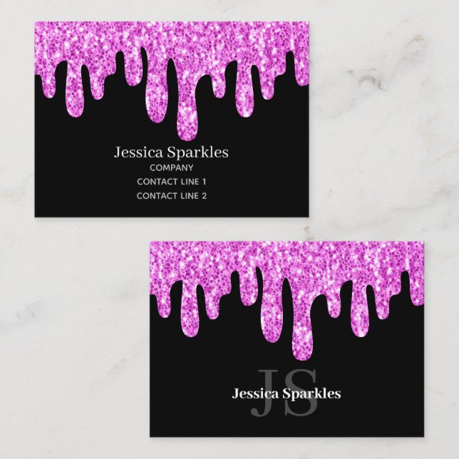 Dripping Sparkles Glitter Pink Black Monogram Business Card (Front/Back)