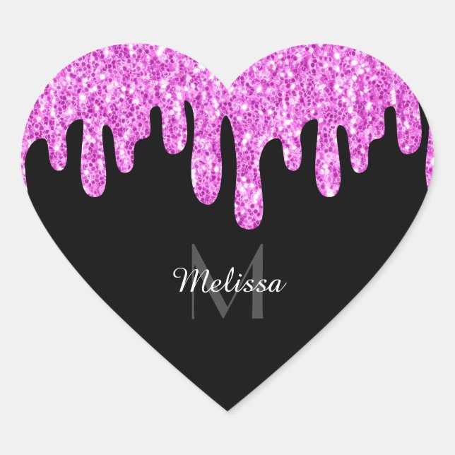 Dripping Sparkles Glitter Pink Black Monogram Heart Sticker (Front)