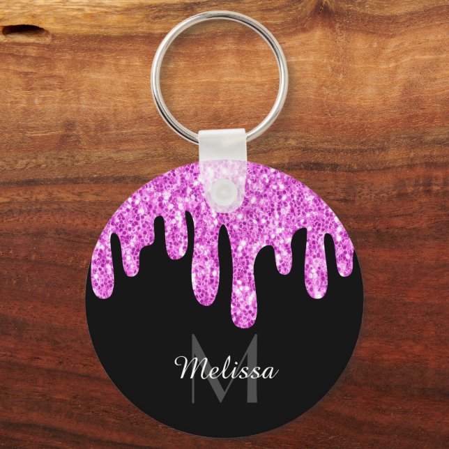 Dripping Sparkles Glitter Pink Black Monogram Key Ring (Front)