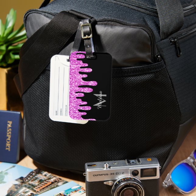 Dripping Sparkles Glitter Pink Black Monogram Luggage Tag (Front & Back)