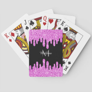 Dripping Sparkles Glitter Pink Black Monogram Playing Cards
