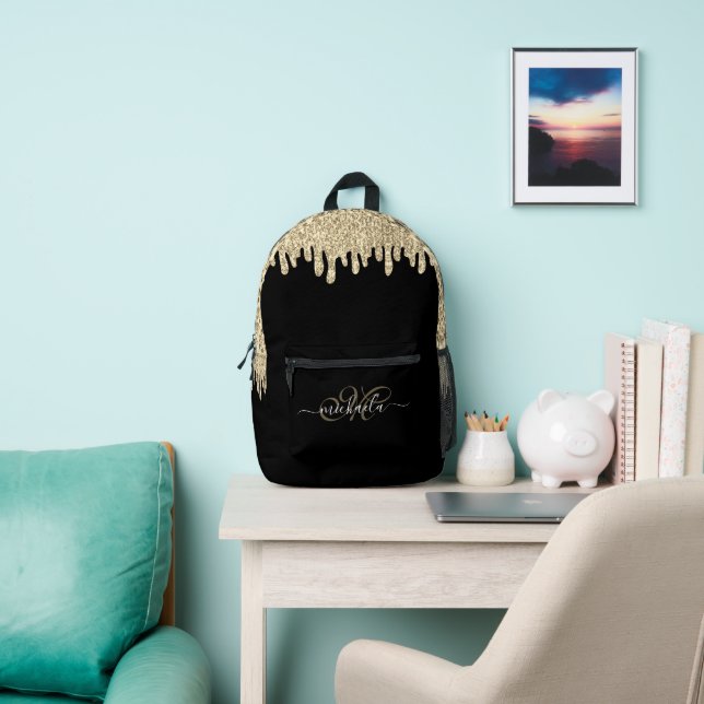 Dripping sparkles gold and black elegant Monogram Printed Backpack (Insitu)