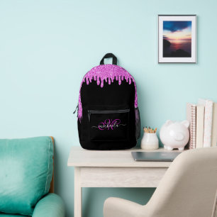 Dripping sparkles pink lavender and black Monogram Printed Backpack