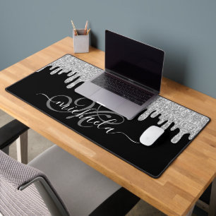 Dripping sparkles silver grey and black Monogram Desk Mat