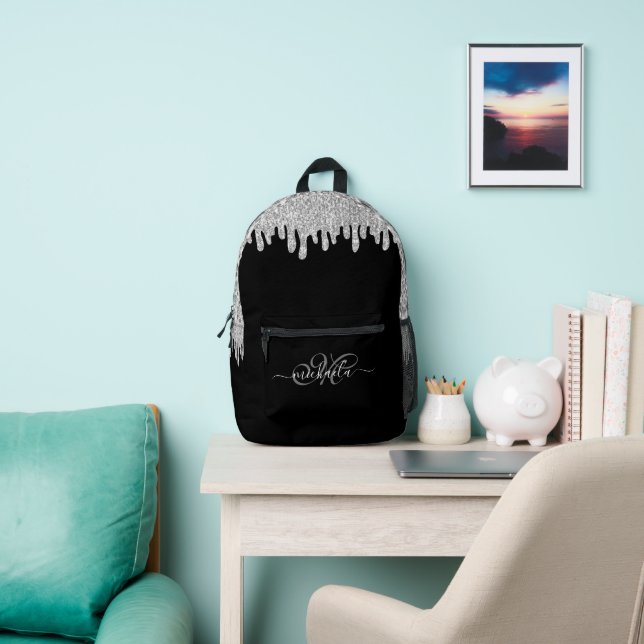 Dripping sparkles silver grey and black Monogram Printed Backpack (Insitu)
