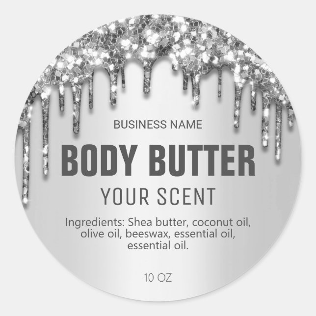 Dripping Sparkly Silver Glitter Body Butter Labels (Front)