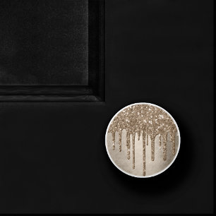 Dripping Taupe Glitter   Champagne Gold Drizzle Ceramic Knob