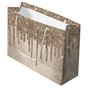 Dripping Taupe Glitter   Champagne Gold Drizzle Large Gift Bag