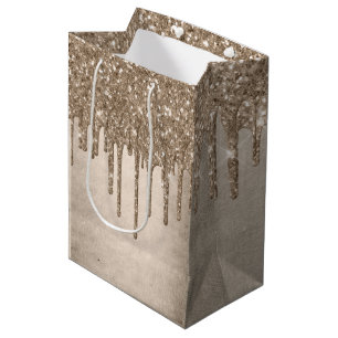 Dripping Taupe Glitter   Champagne Gold Drizzle Medium Gift Bag