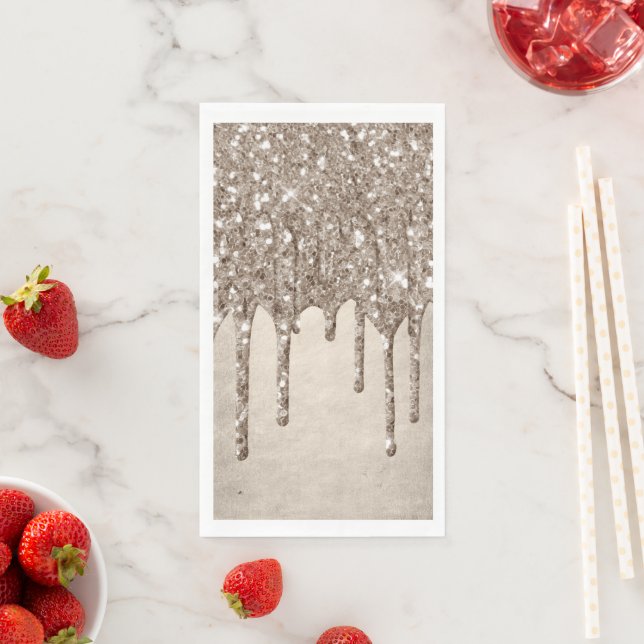 Dripping Taupe Glitter | Champagne Gold Drizzle Napkin (Insitu)