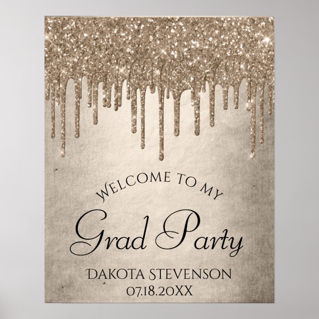 Dripping Taupe Glitter | Champagne Gold Graduation Poster (Front)