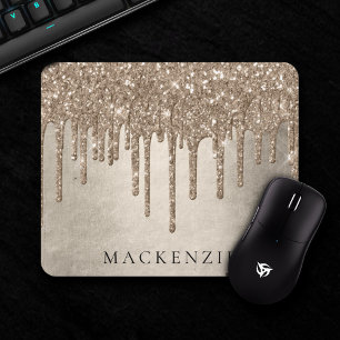 Dripping Taupe Glitter   Champagne Gold Monogram Mouse Mat