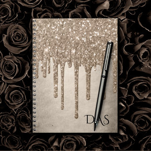 Dripping Taupe Glitter   Champagne Gold Monogram Notebook