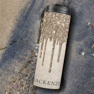 Dripping Taupe Glitter   Champagne Gold Monogram Thermal Tumbler