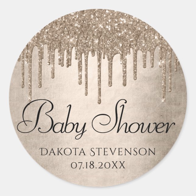 Dripping Taupe Glitter | Champagne Gold Shower Classic Round Sticker (Front)