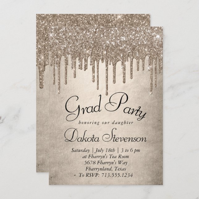 Dripping Taupe Glitter | Champagne Melt Graduation Invitation (Front/Back)