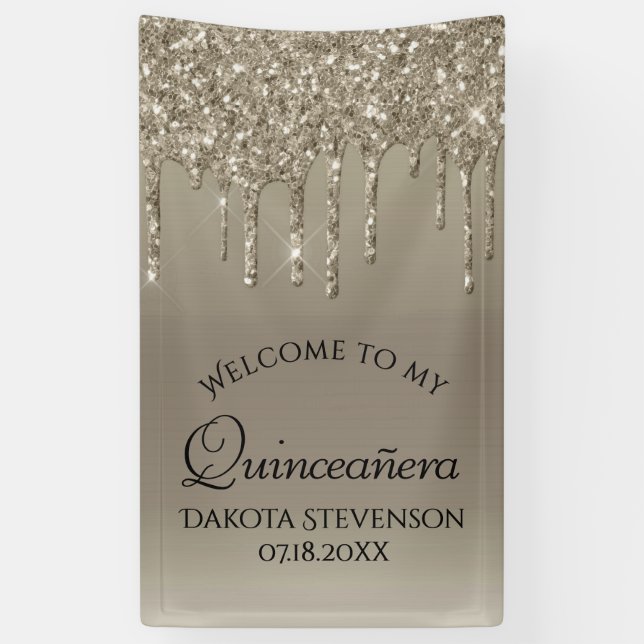 Dripping Taupe Glitter | Champagne Quinceanera Banner (Vertical)
