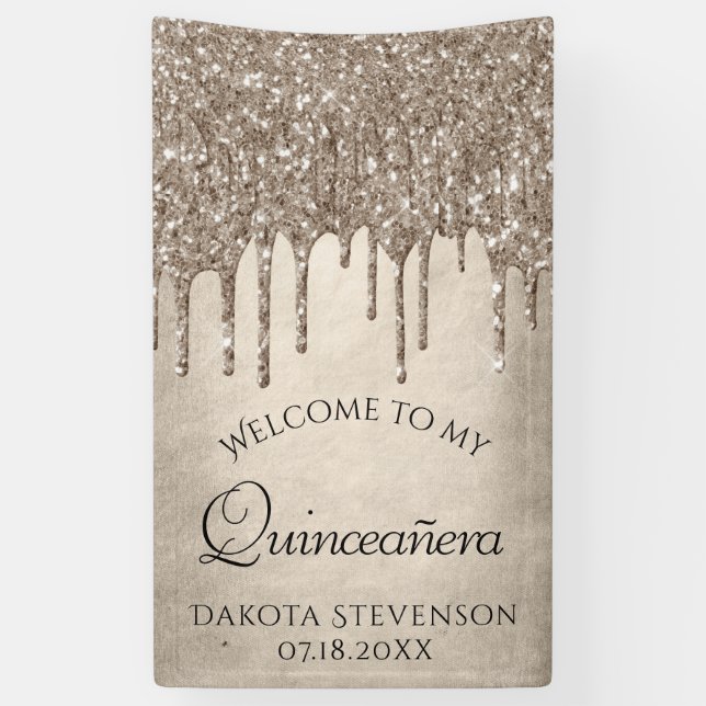 Dripping Taupe Glitter | Champagne Quinceanera Banner (Vertical)