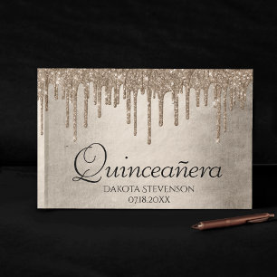 Dripping Taupe Glitter Champagne Quinceanera Guest Book