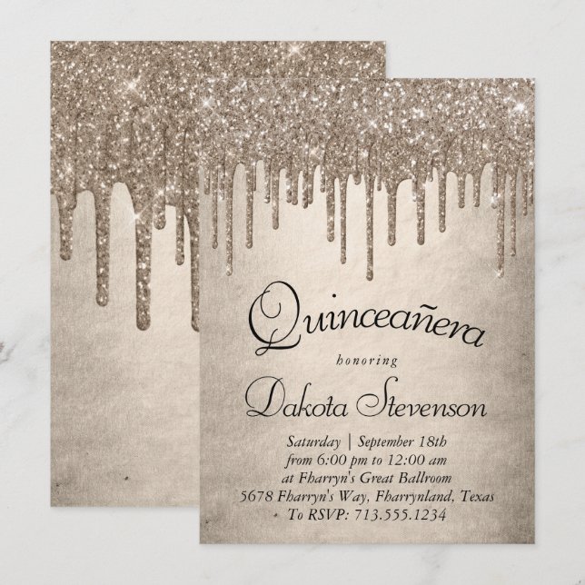 Dripping Taupe Glitter | Champagne Quinceanera Invitation (Front/Back)
