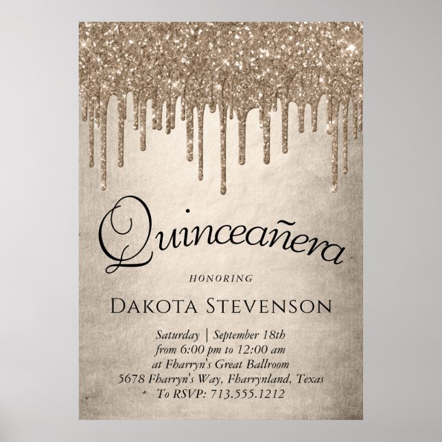 Dripping Taupe Glitter | Champagne Quinceanera Poster (Front)