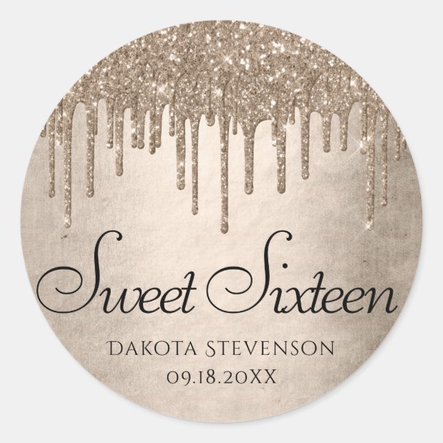 Dripping Taupe Glitter | Champagne Sweet Sixteen Classic Round Sticker (Front)