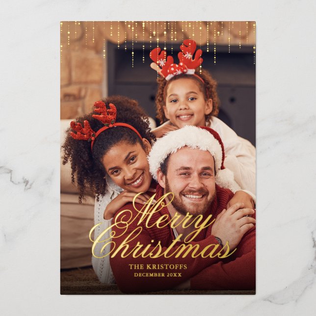 Dripping Tinsel Merry Christmas Photo Greeting Foi Foil Holiday Card (Front)