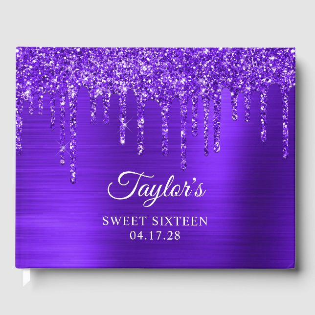 Dripping Violet Purple Glitter Glam Sweet 16 Guest Book (Front)
