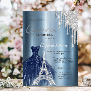 Drips,Blue Dress,Eiffel Metallic Quinceañera  Invitation