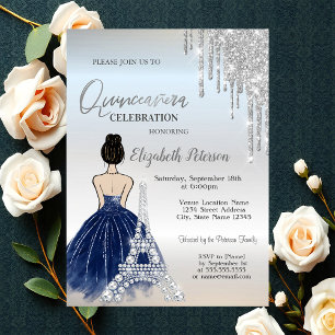 Drips,Blue Dress Girl Eiffel Tower Quinceañera Invitation