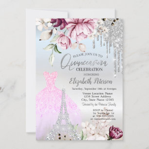 Drips,Dress,Eiffel Tower Lilac Roses Quinceañera Invitation