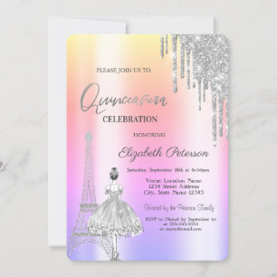 Drips,Eiffel Tower Ballerina Ombre Quinceañera  Invitation