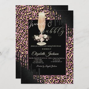 Drips,Glass,Flower Leopard Print Brunch & Bubbly  Invitation