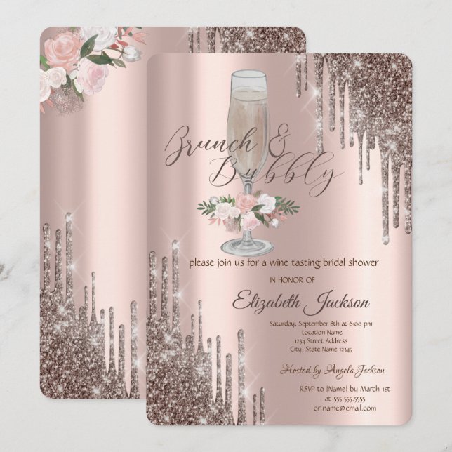  Drips,Glass,Roses Brunch & Bubbly Bridal Shower Invitation (Front/Back)