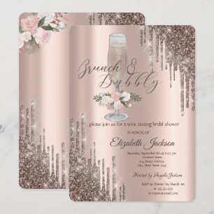  Drips,Glass,Roses Brunch & Bubbly Bridal Shower Invitation