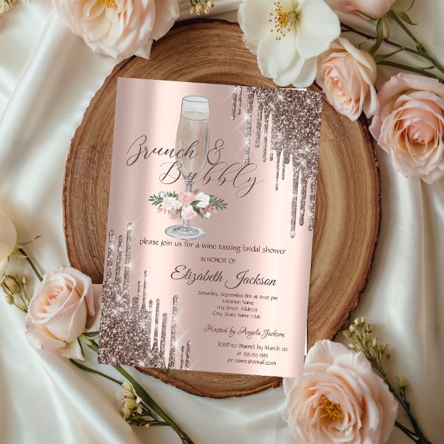  Drips,Glass,Roses Brunch & Bubbly Bridal Shower Invitation (Creator Uploaded)