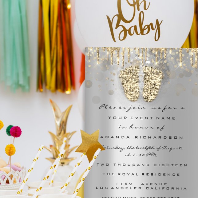 Drips Glitter Baby Shower Feet Gold Grey Girl Boy Invitation (Drips Glitter Baby Shower Feet Gold Gray Girl Boy Invitation)