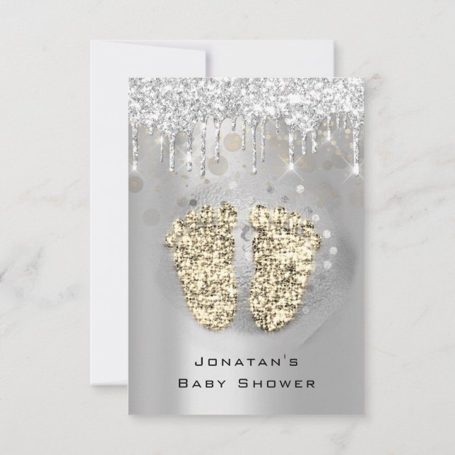 Drips Glitter Baby Shower Feet Gold Grey Girl Boy Invitation (Back)