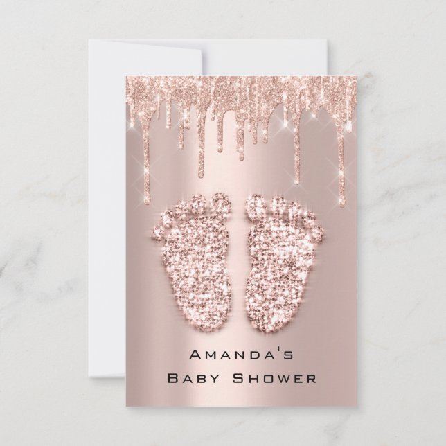 Drips Glitter Baby Shower Feet Rose Blush Girl Boy Invitation (Back)