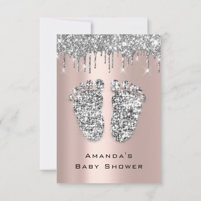 Drips Glitter Baby Shower Feet Rose Grey Girl Boy Invitation (Back)