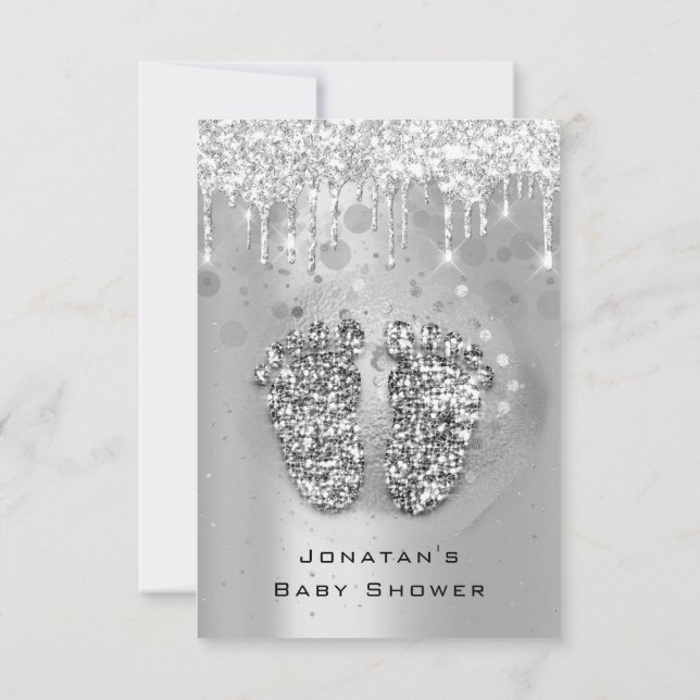 Drips Glitter Baby Shower Feet SilverGray Girl Boy Invitation (Back)