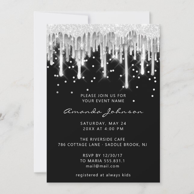 Drips Glitter Bridal Wedding Black Silver Grey Invitation (Front)