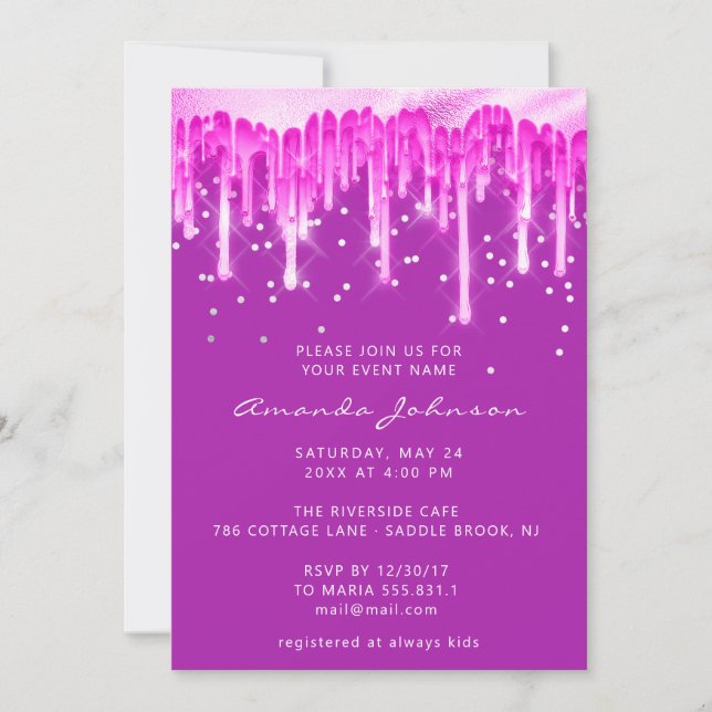 Drips Glitter Bridal Wedding Blue Pink Fuchsia Invitation (Front)
