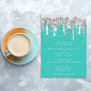 Drips Glitter Bridal Wedding Mint Silver Grey Invitation