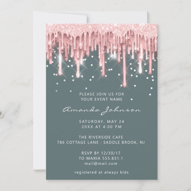 Drips Glitter Bridal Wedding Sweet 16 Rose Mint Invitation (Front)