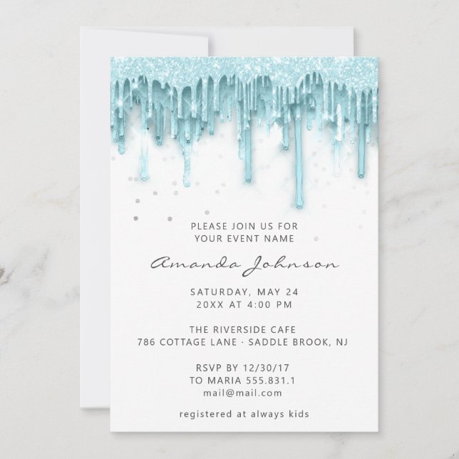 Drips Glitter Bridal Wedding White Aqua Invitation (Front)