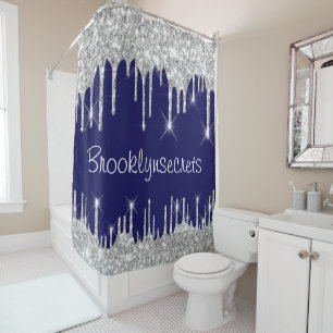 Drips Glitter Effect Blue Navy Silver Grey Name Shower Curtain