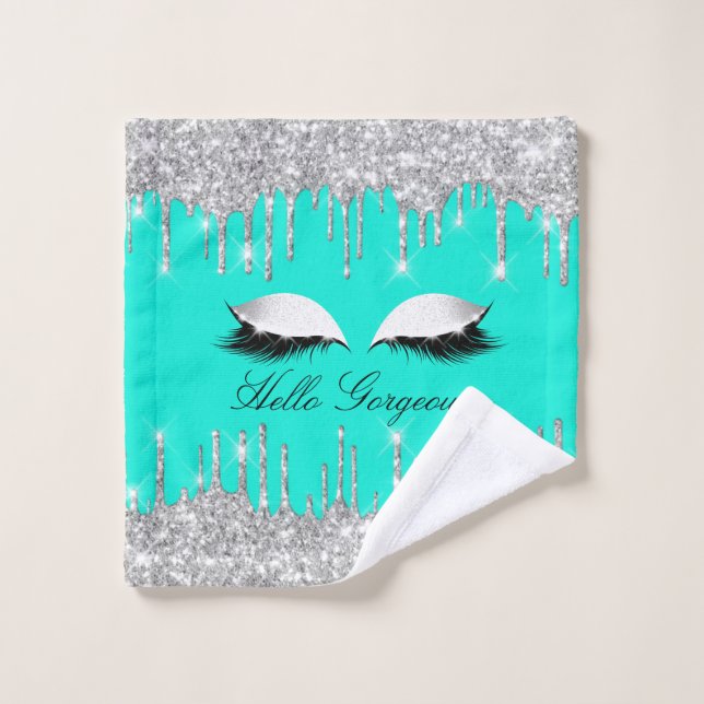 Drips Glitter Effect Water Lashes Hello  Beauty Bath Towel Set (Wash Cloth)