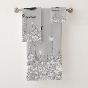 Drips Glitter Silver Grey Lashes Hello Beauty Ba Bath Towel Set