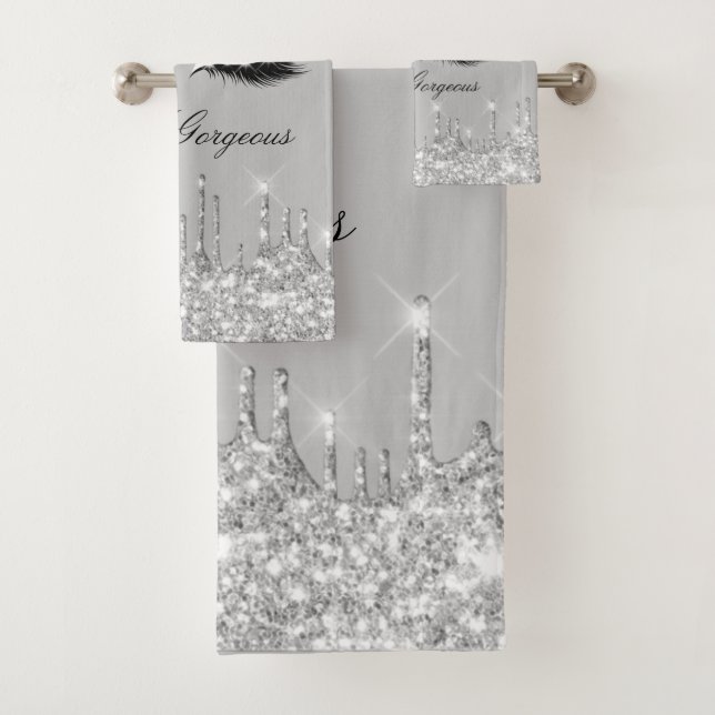 Drips Glitter Silver Grey Lashes Hello  Beauty  Ba Bath Towel Set (Insitu)